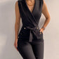 Casual V Neck Jumpsuits Button Lace Up Sleeveless Wide Leg Pants Streetwear Overalls Jumpsuit