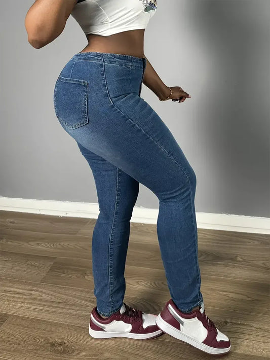 Women Fashion Skinny Single-breasted Jeans Comfortable Stretch Casual Denim Pants Dark Blue