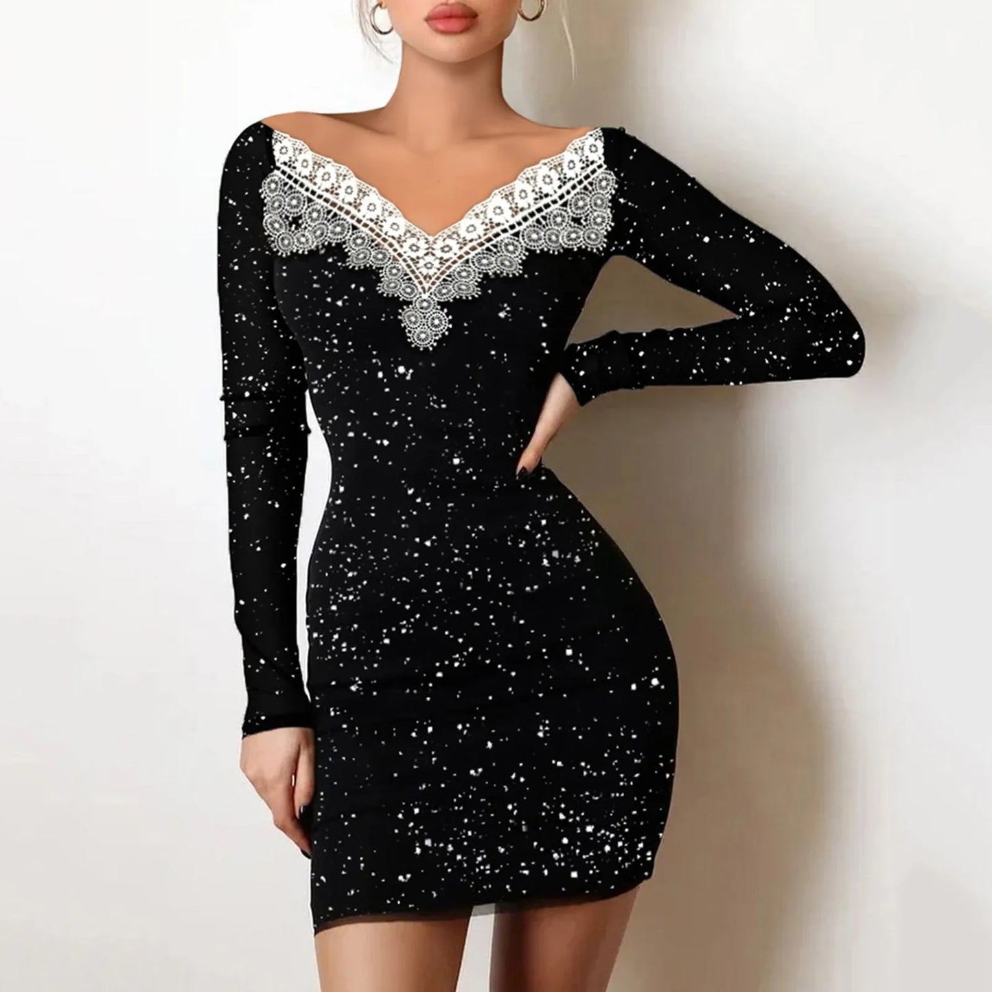 Women Dresses Elegant Mesh Patchwork Long Sleeves Glitter Shining Mini Sundress  Sexy Bodycon Black Party Dresses Vestidos