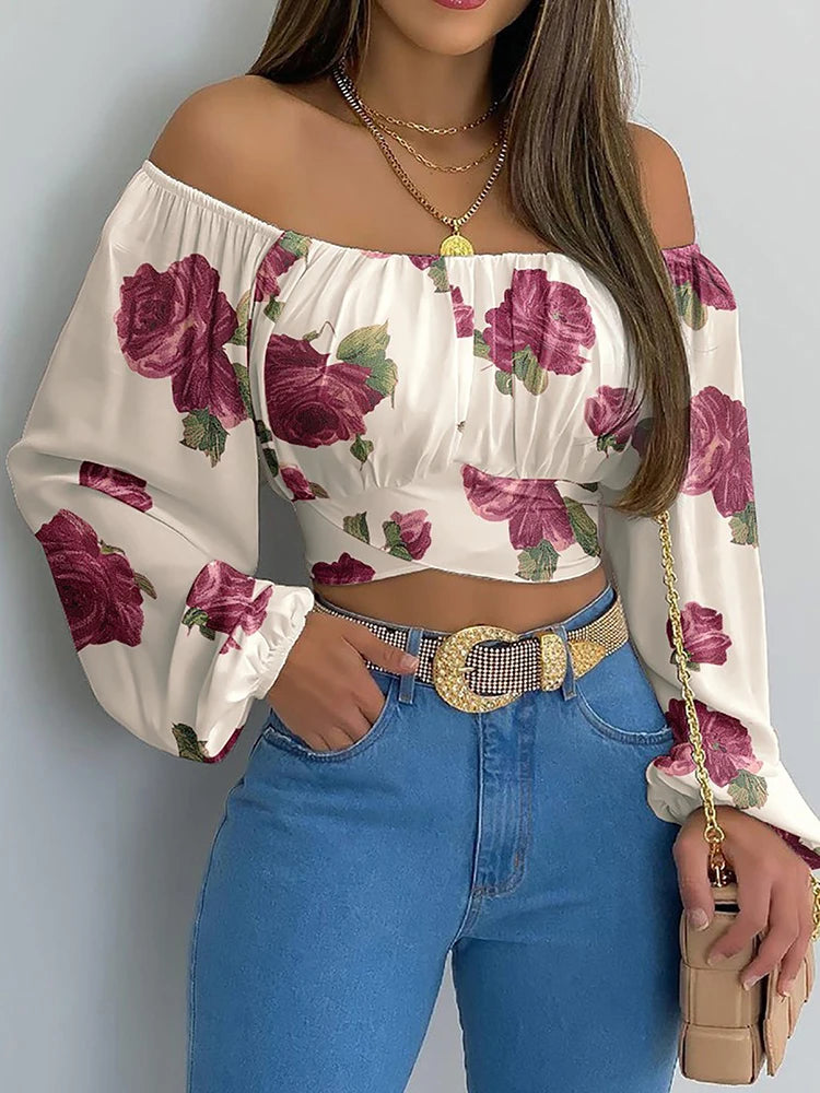 Off Shoulder Printing Blouse