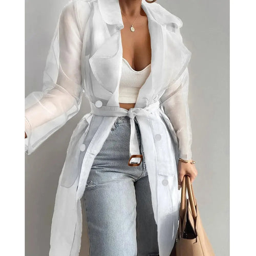 Jackets For Womens Mesh Transparent Overcoat Long Sleeve Buttoned Coat