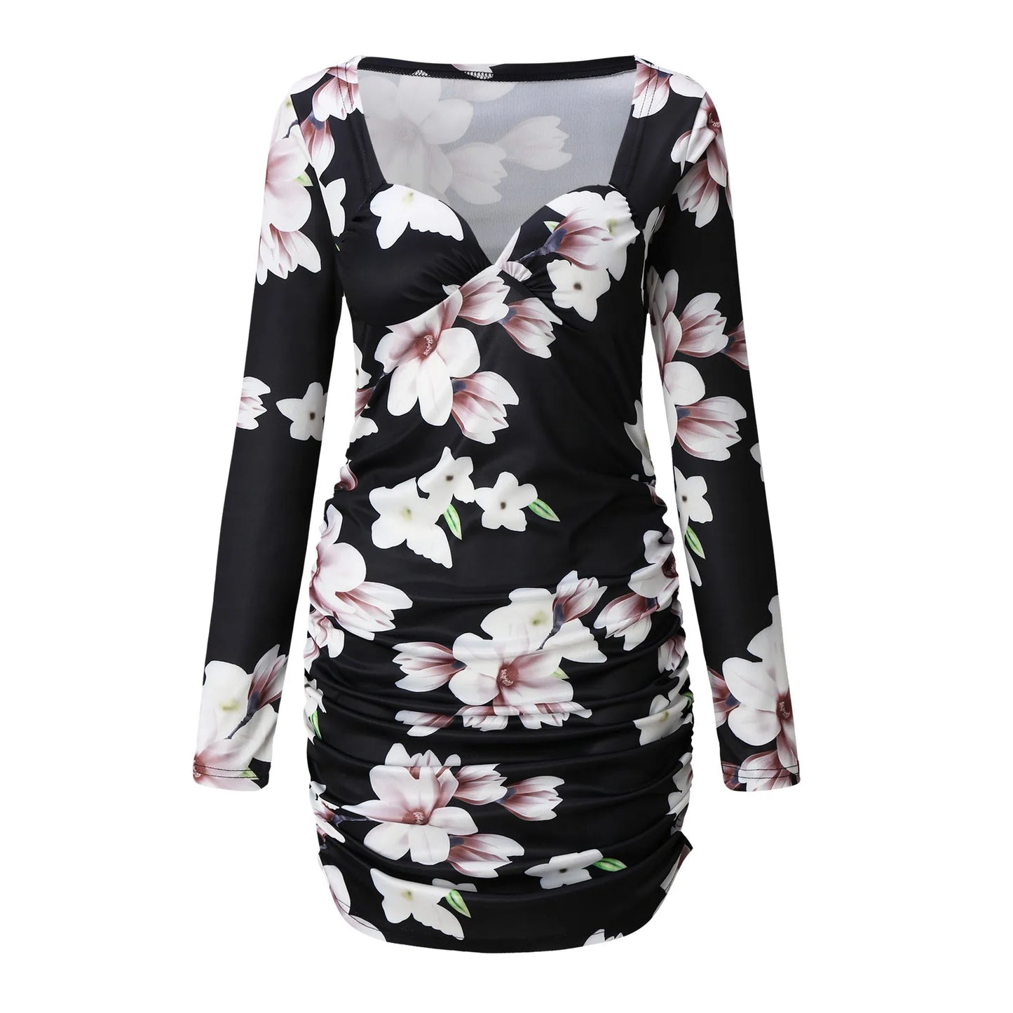 Sexy Low Cut Flower Print Bodycon Mini Dress Spring Autumn Women Elegant Long Sleeve Sweetheart Neck Party Women Short Dresses