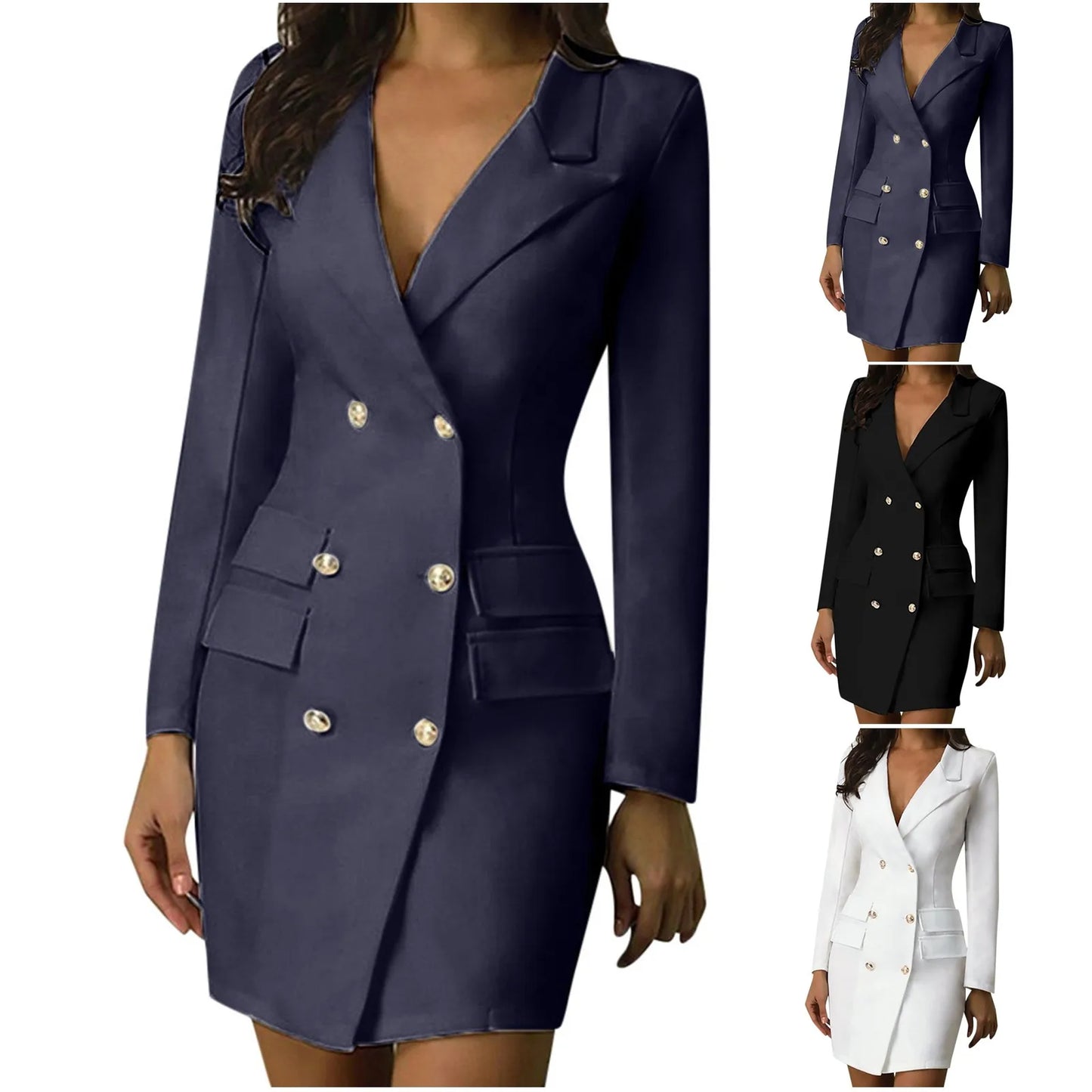 Elegant Long Sleeved Blazer Dress White Double Breasted Bodycon Pencil Office Dress For Women Lapel Work Party Formal Dress 5XL