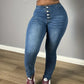 Women Fashion Skinny Single-breasted Jeans Comfortable Stretch Casual Denim Pants Dark Blue