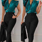 Two Piece Set Suits  Printed Ruffle Sleeve Top Solid Color Pants Set With Belt  Blouses