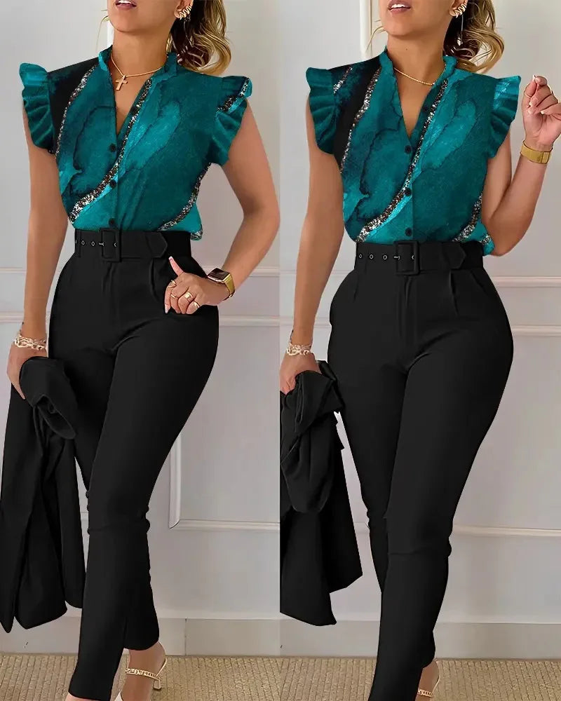 Two Piece Set Suits  Printed Ruffle Sleeve Top Solid Color Pants Set With Belt  Blouses