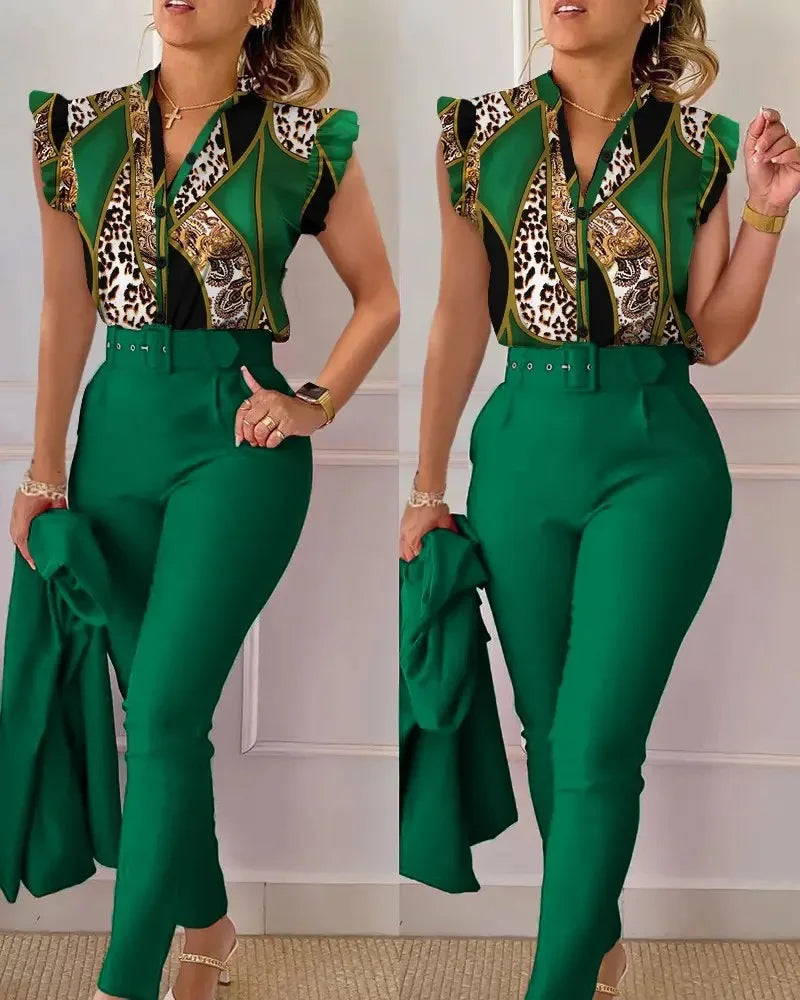 Two Piece Set Suits  Printed Ruffle Sleeve Top Solid Color Pants Set With Belt  Blouses