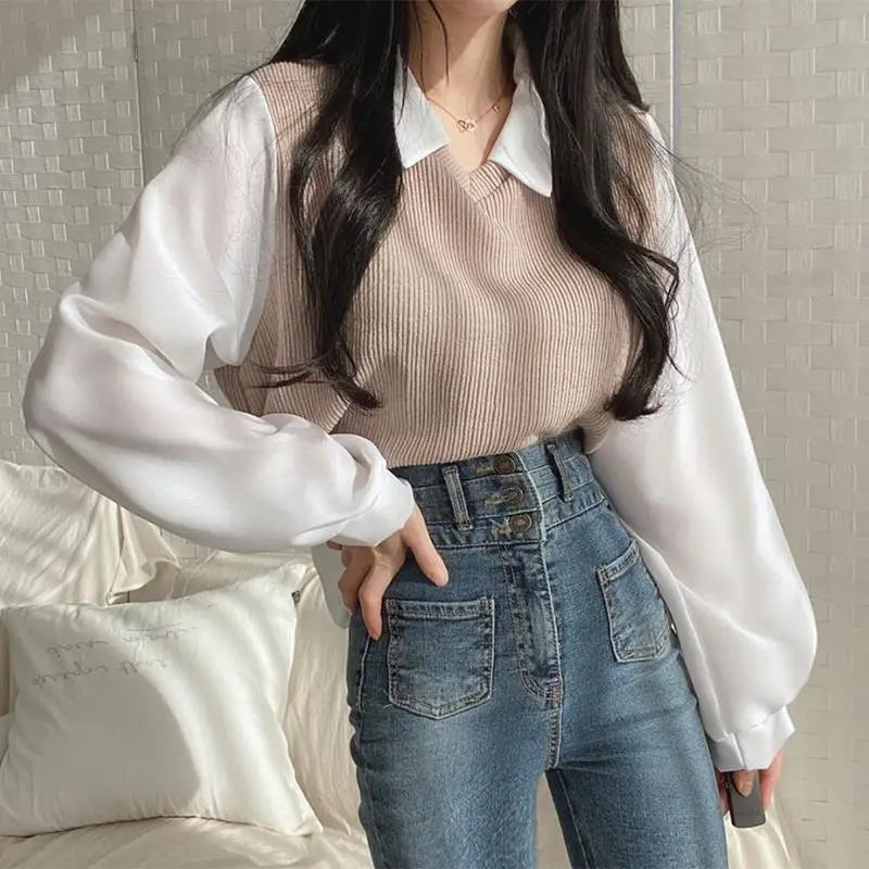 Polo Collar False Two-piece Blouse