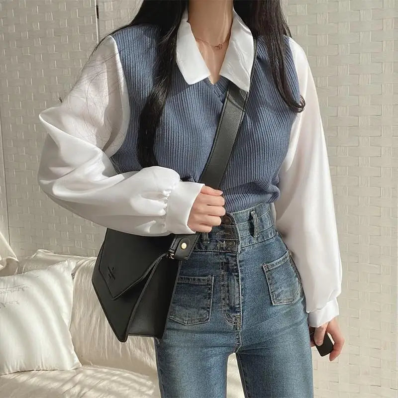 Polo Collar False Two-piece Blouse