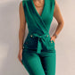 Casual V Neck Jumpsuits Button Lace Up Sleeveless Wide Leg Pants Streetwear Overalls Jumpsuit