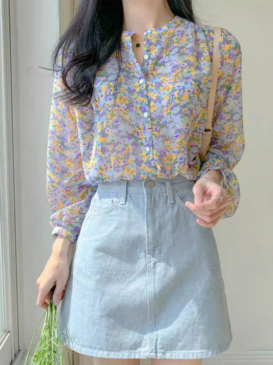 Elegant Print Chiffon Blouse Spring Summer Casual Long Sleeve V Neck