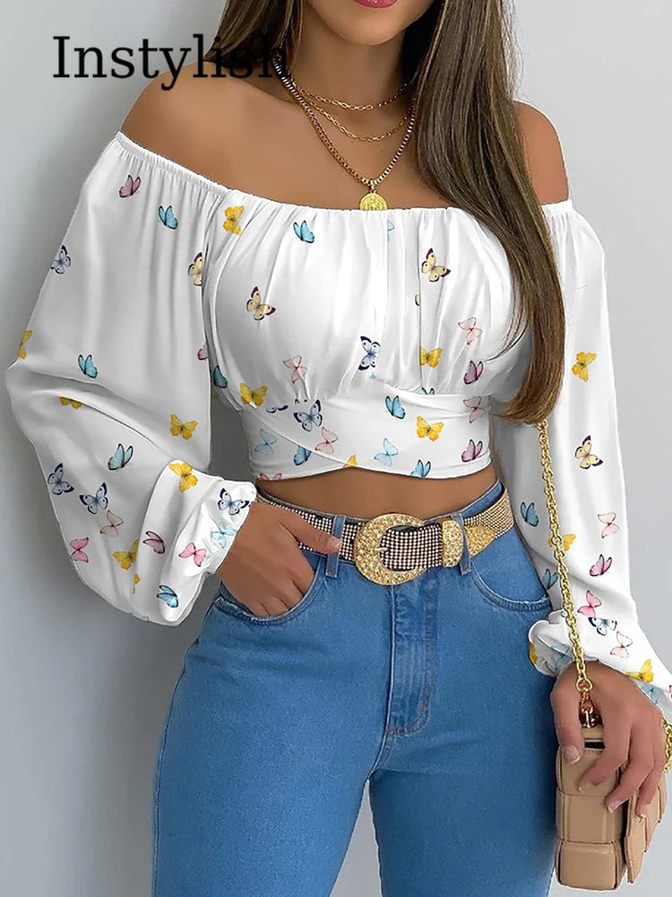 Off Shoulder Printing Blouse