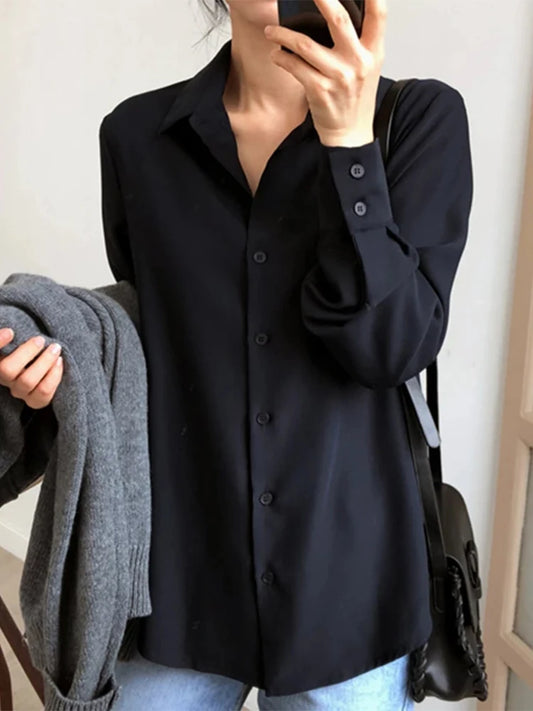 Solid Black Chiffon Long Sleeve Blouse