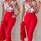 Two Piece Set Suits  Printed Ruffle Sleeve Top Solid Color Pants Set With Belt  Blouses