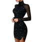 Women Dresses Elegant Mesh Patchwork Long Sleeves Glitter Shining Mini Sundress  Sexy Bodycon Black Party Dresses Vestidos