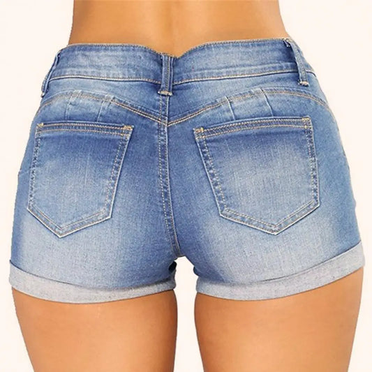 Denim Shorts Women Jeans Ripped Mid Waist Solid Color Soft Short Jeans Shorts Summer