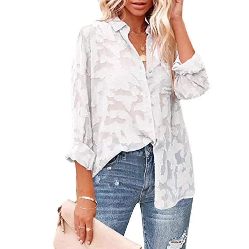 Mesh See Through Long Sleeve White Blouse