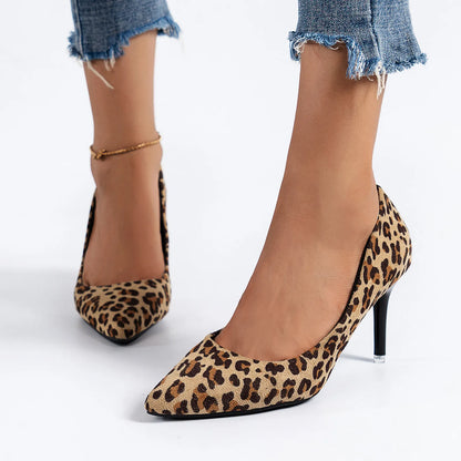 Low Heels Ladies Fashion Leopard Print Printed Suede Pointed Thin High Heels Single Shoes Chunky туфли женские