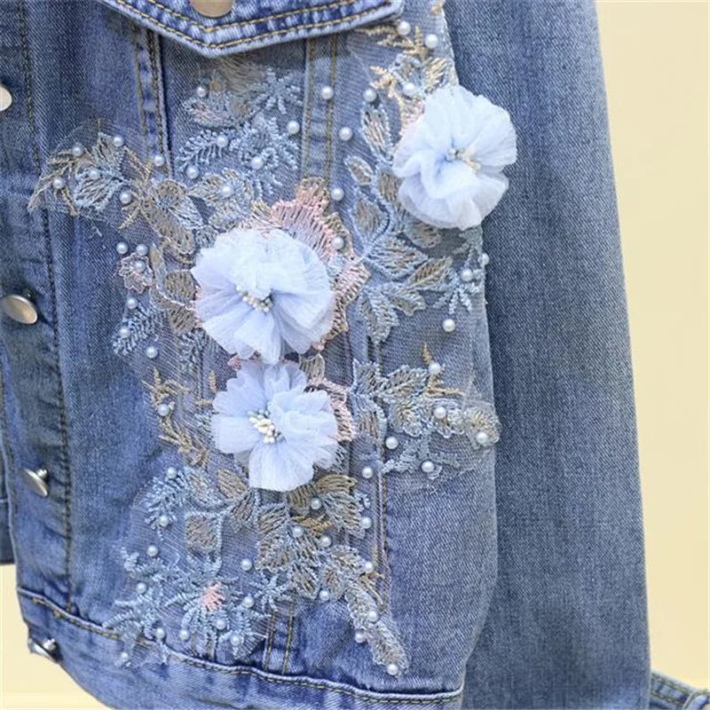 Denim Jacket Embroidery Three-dimensional Floral Jeans Jacket Beading Pearl Ripped Hole Bomber