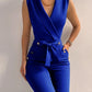 Casual V Neck Jumpsuits Button Lace Up Sleeveless Wide Leg Pants Streetwear Overalls Jumpsuit