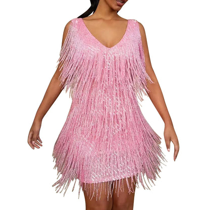 Sexy V-Neck Tassel Mini Dress for Women Elegant Sleeveless Evening Party Bodycon Dresses Summer Night Club Dress