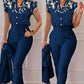 Two Piece Set Suits  Printed Ruffle Sleeve Top Solid Color Pants Set With Belt  Blouses