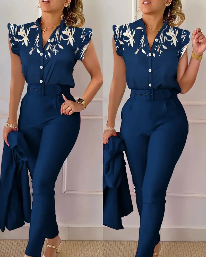 Two Piece Set Suits  Printed Ruffle Sleeve Top Solid Color Pants Set With Belt  Blouses