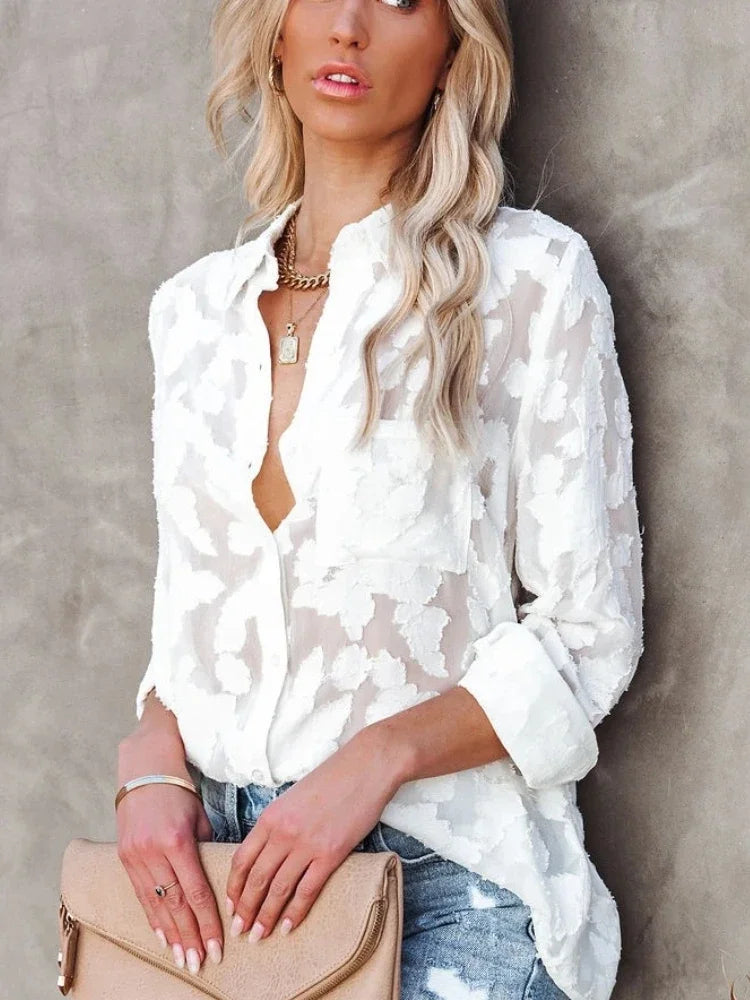 Mesh See Through Long Sleeve White Blouse