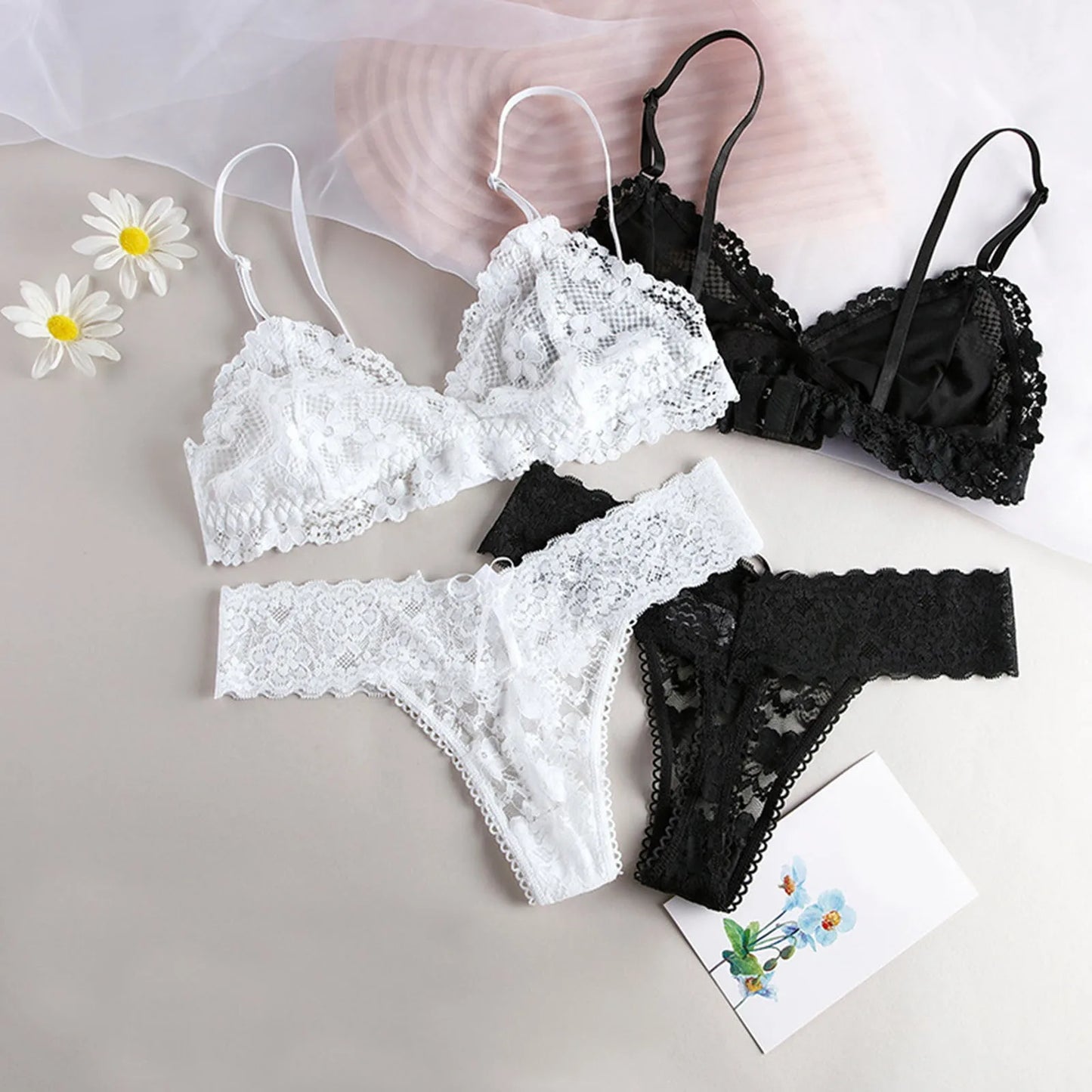 Sexy V Neck Female Comfortable Underwear Floral Lace Lingerie Backless Lanyard Hollow Out Underwear Suit Lenceria Para Damas