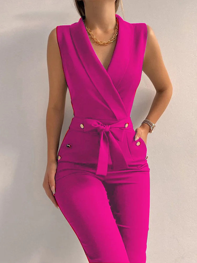 Casual V Neck Jumpsuits Button Lace Up Sleeveless Wide Leg Pants Streetwear Overalls Jumpsuit