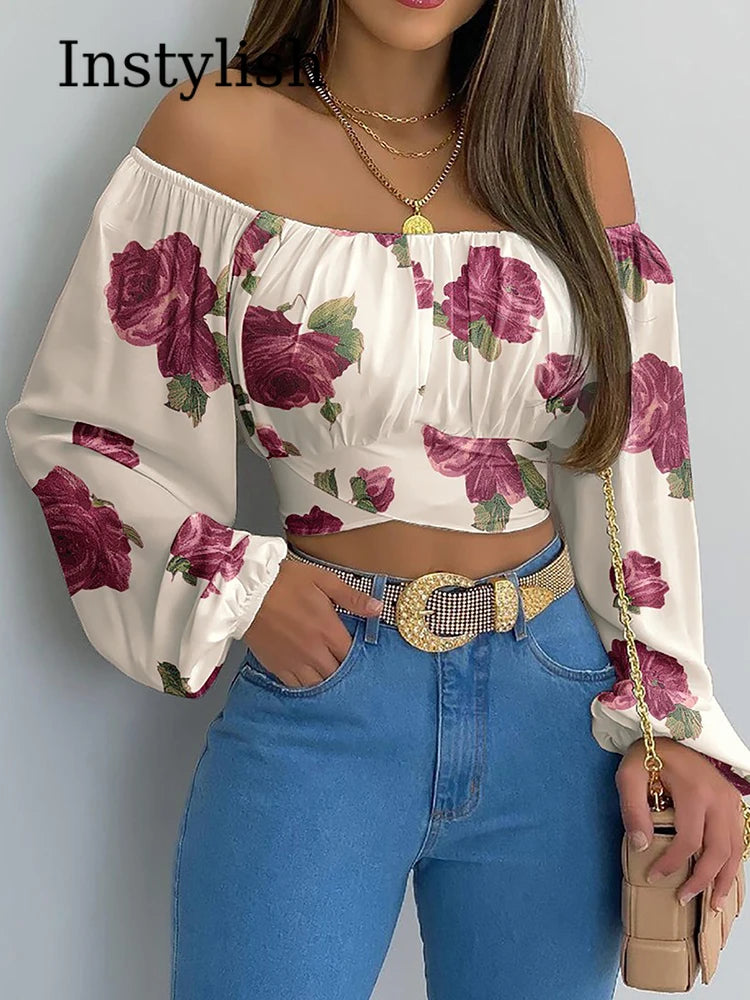 Off Shoulder Printing Blouse