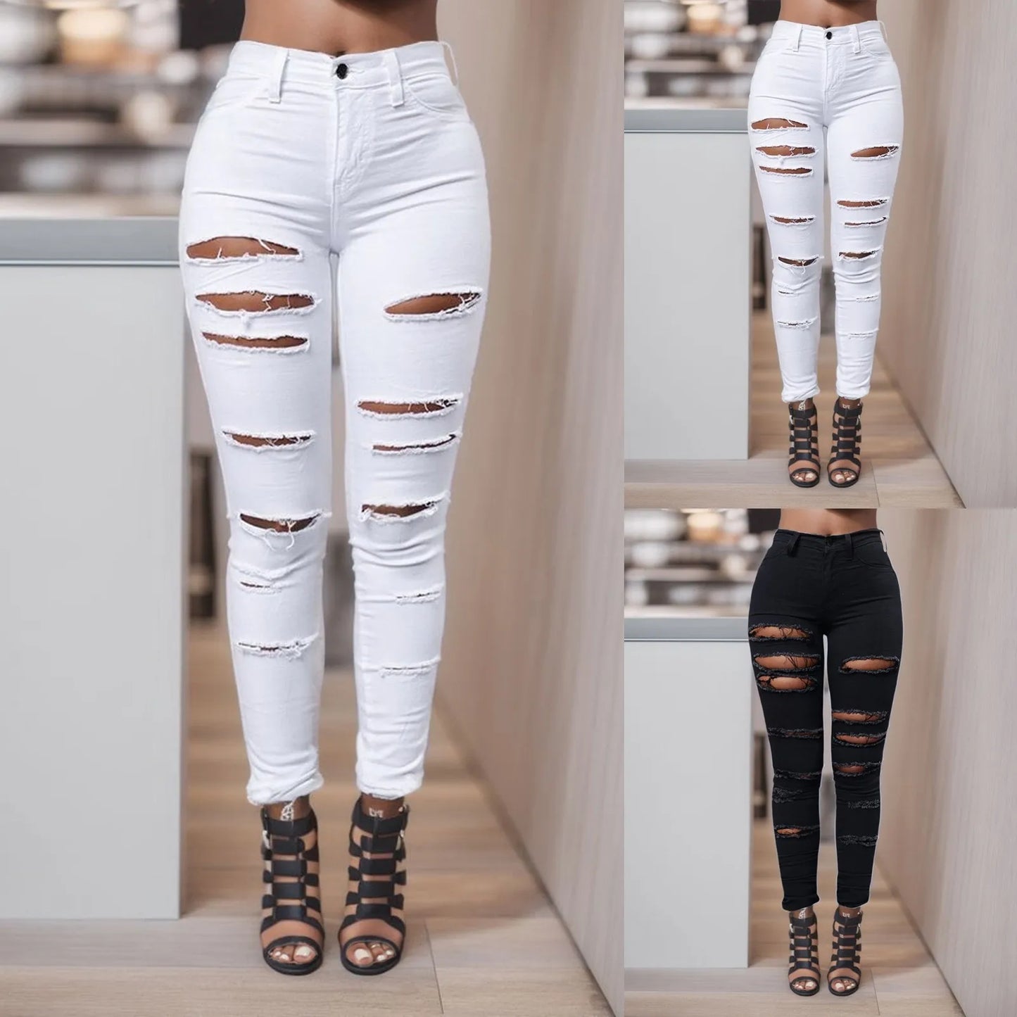 Ripped Jeans Women'S Pencil Pants Ripped Slim Fit Hole Leggings High Waist Casual Baggy Pants Casual Comfy Trousers