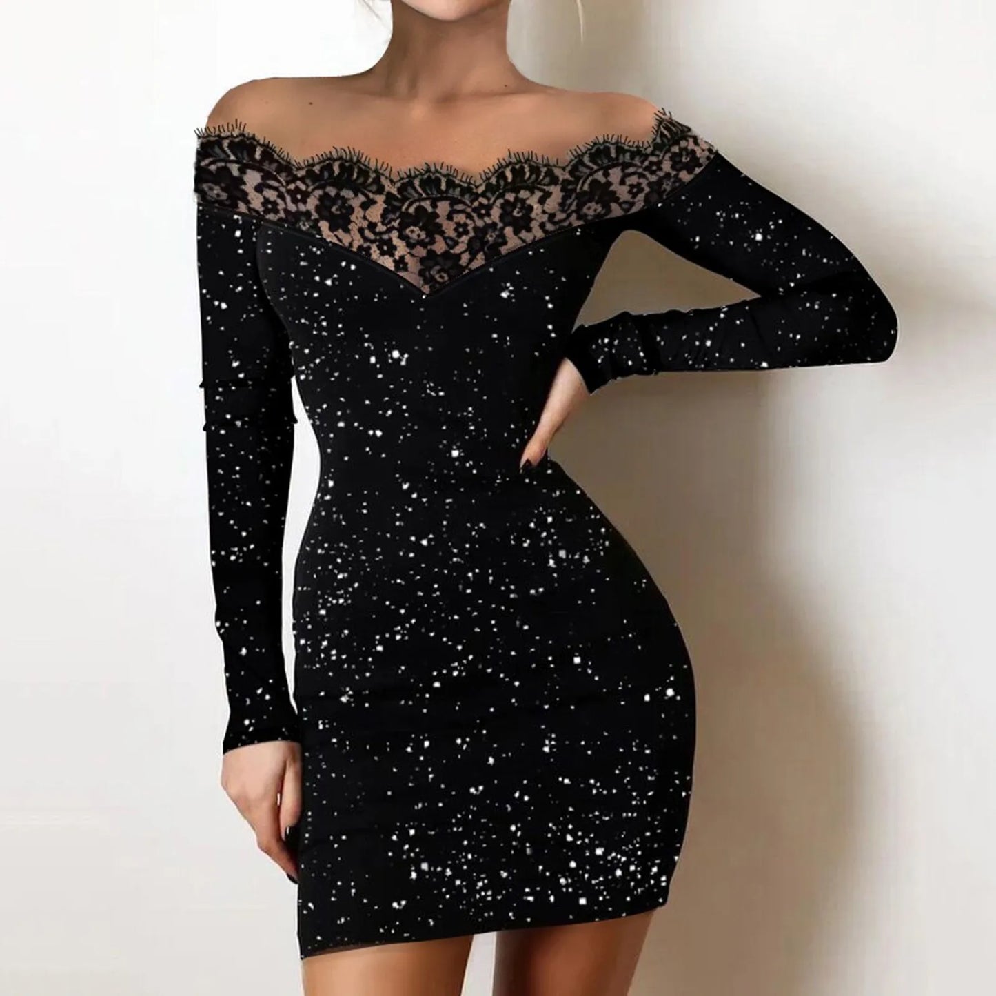 Women Dresses Elegant Mesh Patchwork Long Sleeves Glitter Shining Mini Sundress  Sexy Bodycon Black Party Dresses Vestidos