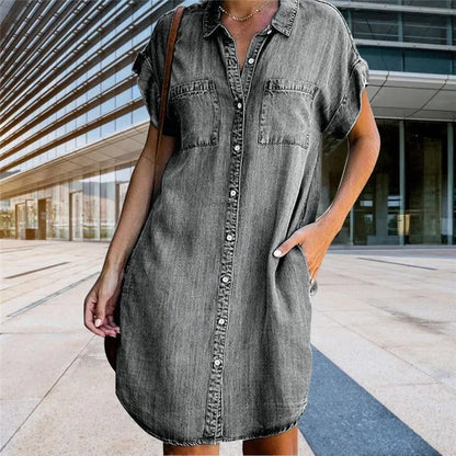 Denim Shirt Dresses Short Sleeve Distressed Jean Dress Button Down Casual Tunic Top