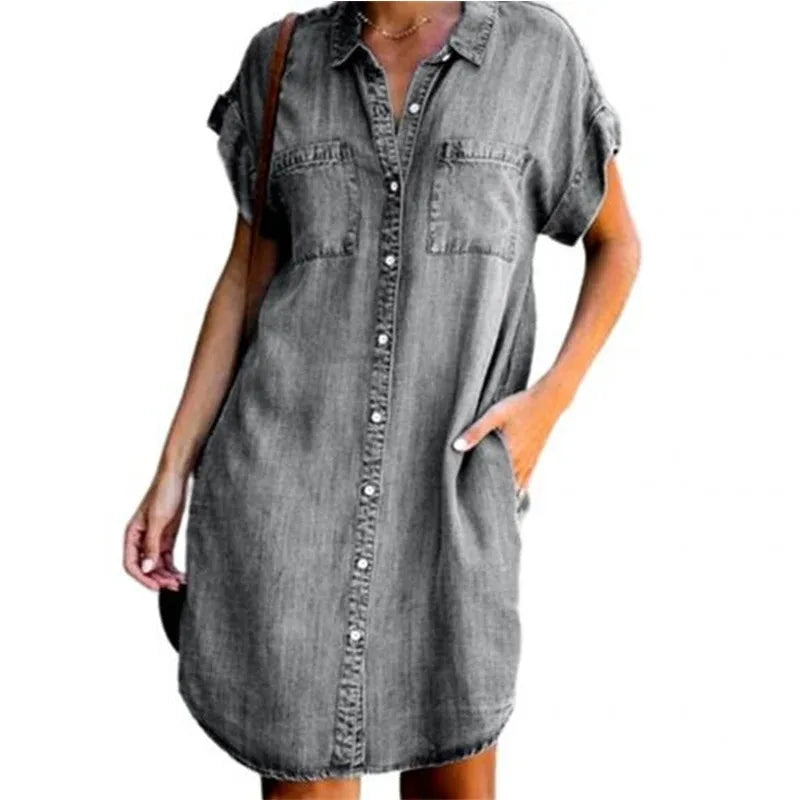 Denim Shirt Dresses Short Sleeve Distressed Jean Dress Button Down Casual Tunic Top