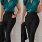 Two Piece Set Suits  Printed Ruffle Sleeve Top Solid Color Pants Set With Belt  Blouses