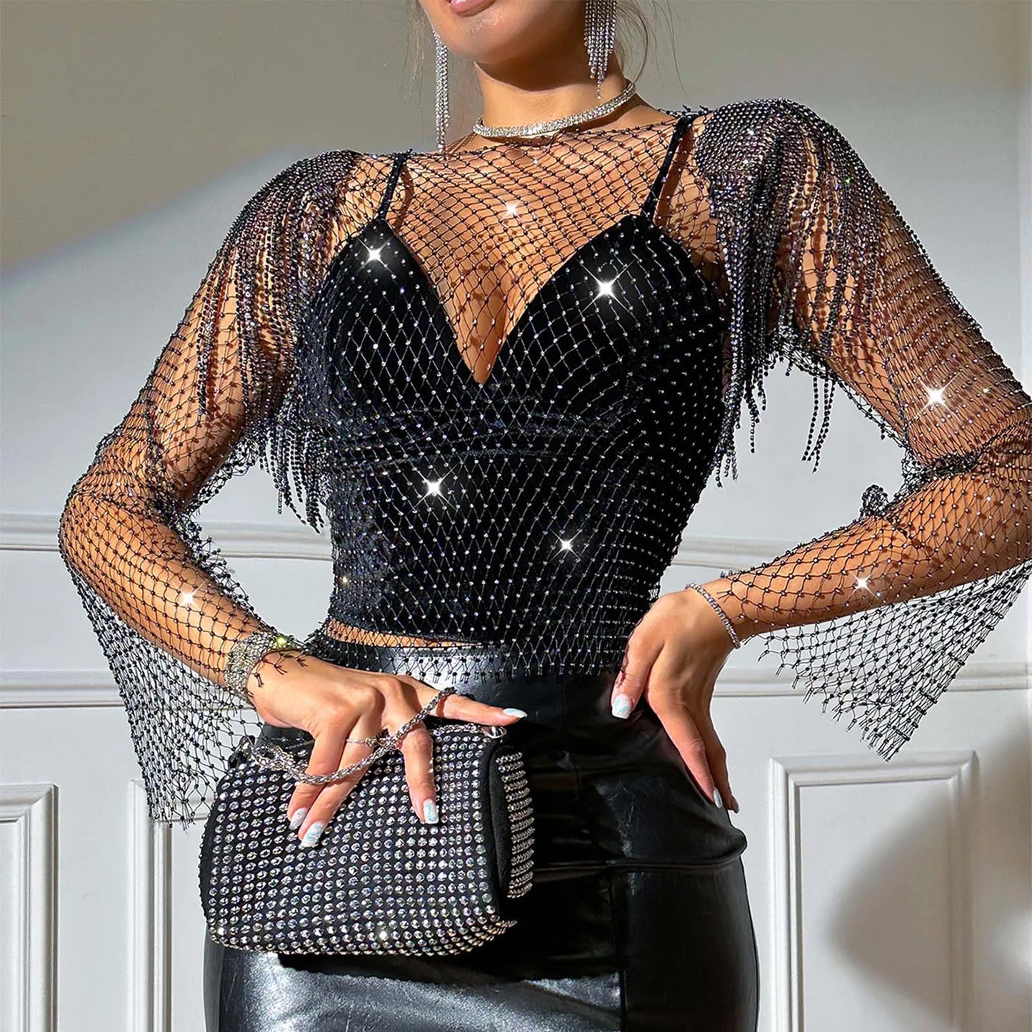 Fishing Net Rhinestone Tops For Women Hot Nightclub Party Long Sleeve Lady Tops Sparkle Sheer See Through Overall Tops