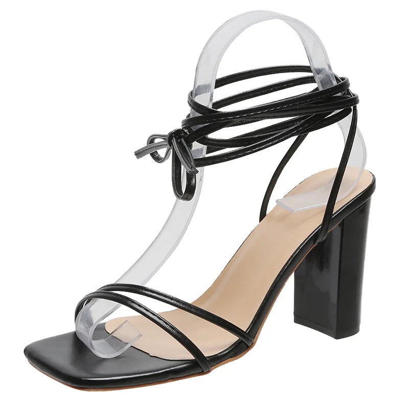 Ankle Strap Sandals Leather Cross-Tied High Heels