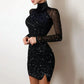 Women Dresses Elegant Mesh Patchwork Long Sleeves Glitter Shining Mini Sundress  Sexy Bodycon Black Party Dresses Vestidos