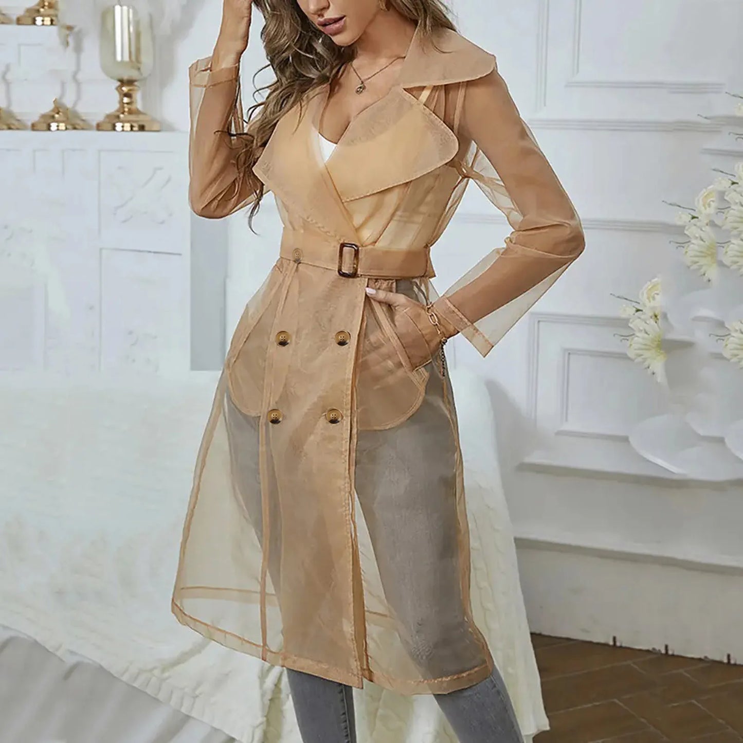 Jackets For Womens Mesh Transparent Overcoat Long Sleeve Buttoned Coat