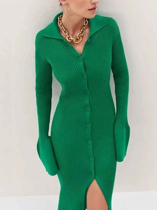 Winter Dress Women Knitted Slim Green Dress Sweater Long Sleeve Bodycon Dress Button Casual Y2k Club Party Dresses