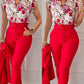 Two Piece Set Suits  Printed Ruffle Sleeve Top Solid Color Pants Set With Belt  Blouses