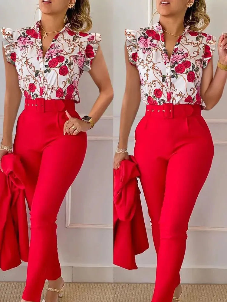 Two Piece Set Suits  Printed Ruffle Sleeve Top Solid Color Pants Set With Belt  Blouses