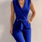 Casual V Neck Jumpsuits Button Lace Up Sleeveless Wide Leg Pants Streetwear Overalls Jumpsuit