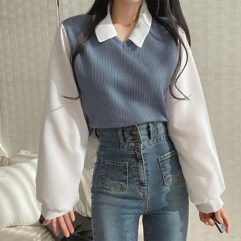 Polo Collar False Two-piece Blouse