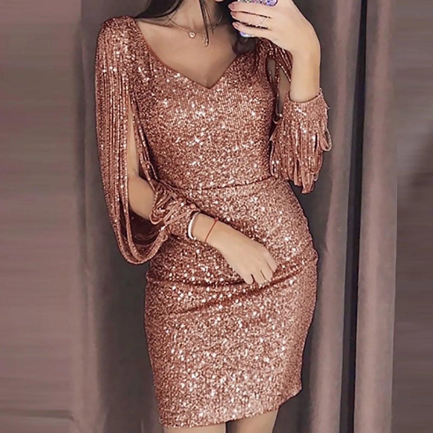 Women Sexy Dresses Glitter Sparkly Sequin Tassel Sleeves V Neck Club Mini Skinny Sundress Elegant Ladies Party Dresses