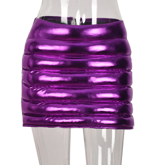 Purple Women's Puffer Skirt Metallic Shiny Warm Quilted Mini Skirts