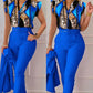 Two Piece Set Suits  Printed Ruffle Sleeve Top Solid Color Pants Set With Belt  Blouses