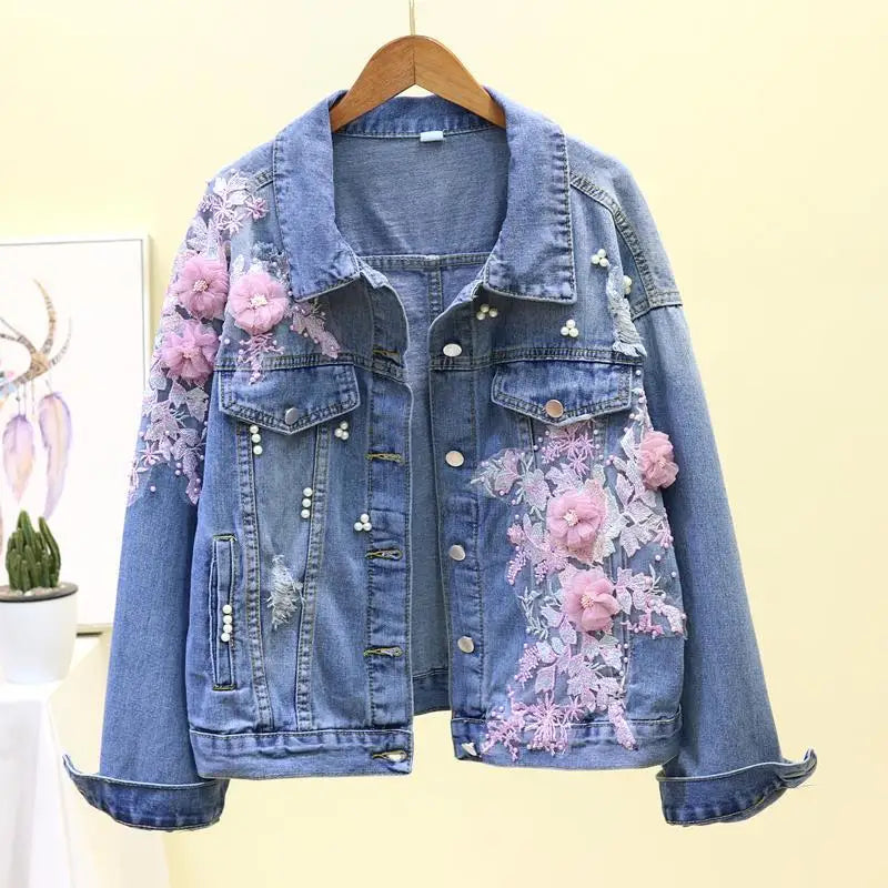 Denim Jacket Embroidery Three-dimensional Floral Jeans Jacket Beading Pearl Ripped Hole Bomber