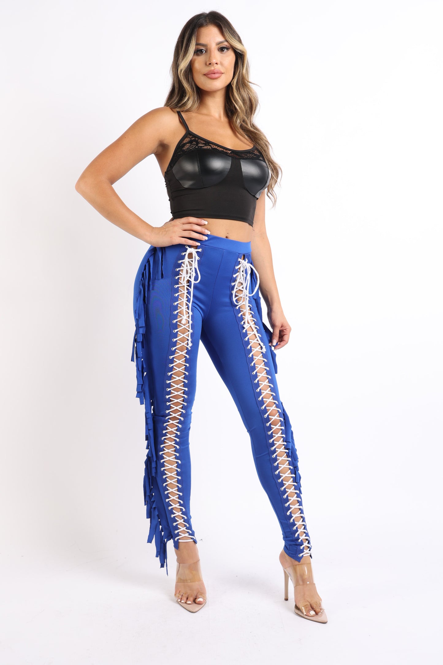 Chic Lace up Detailed Fringe Tassel Pants Leggings ROYAL